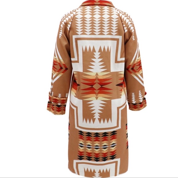 Boho Tribal Aztec Luxe Blanket Trench Coat, Native Bohemian Button Down Jacket - Picture 3 of 5